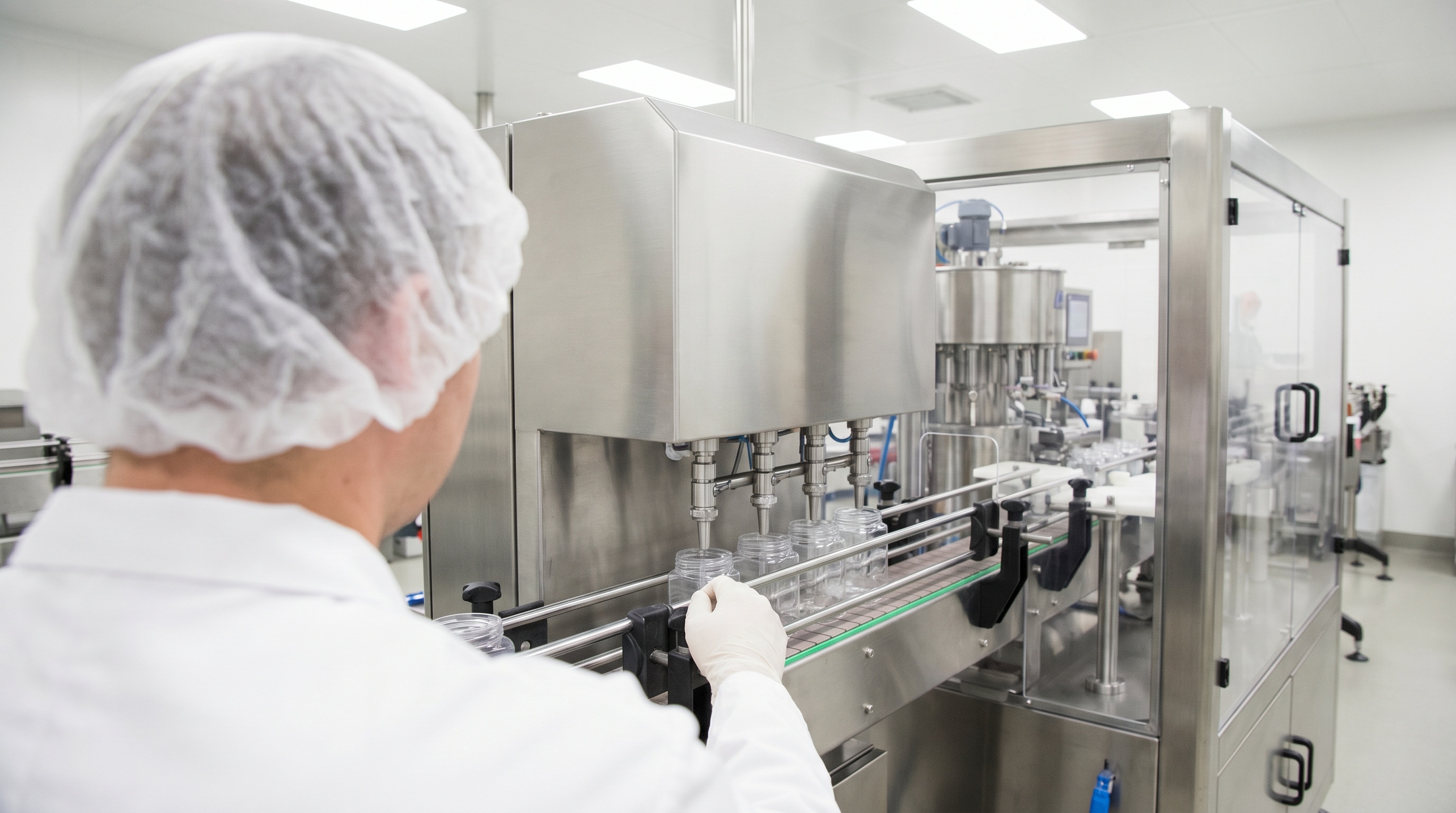 Рабочий в униформе проверяет смазку конвейера с молочными продуктами